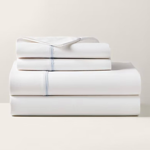 Ralph Lauren Palmer Percale Organic Cotton Queen Flat Sheet Pale Sky Blue/White
